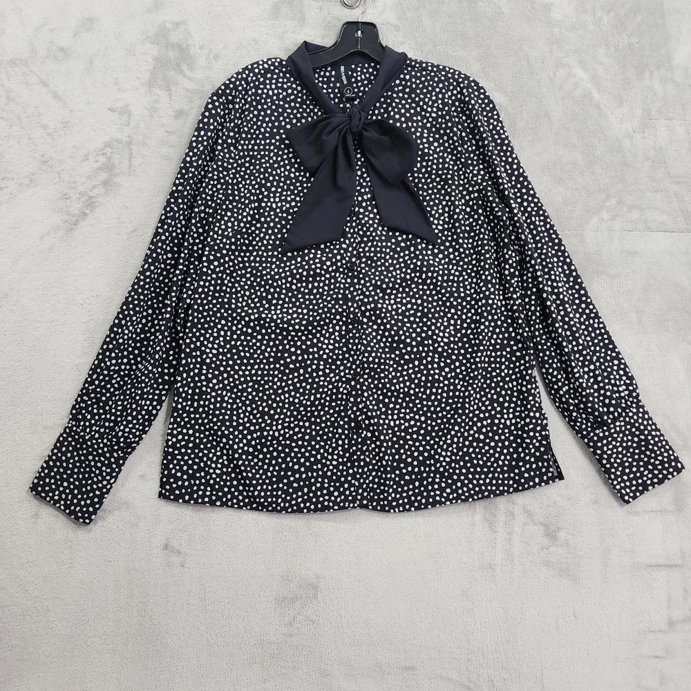 Agnes &‎ Dora Top Womens S Black Snow Polka Dot Tie Bow Neck Long Sleeve Blouse